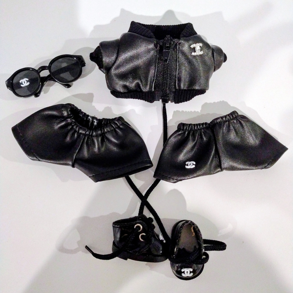 Labubu Stylish Faux Black Leather Outfit With Hat